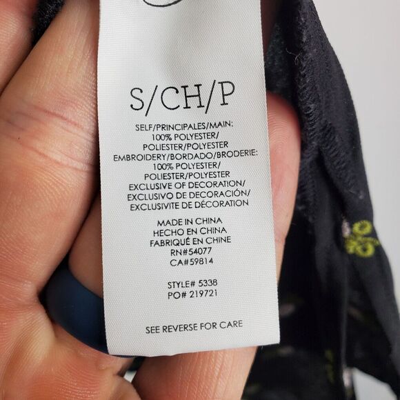 CAbi Blouse Womens S Embroidered Contrast Florals Smocked High Neck Dark Sheer - Picture 6 of 9